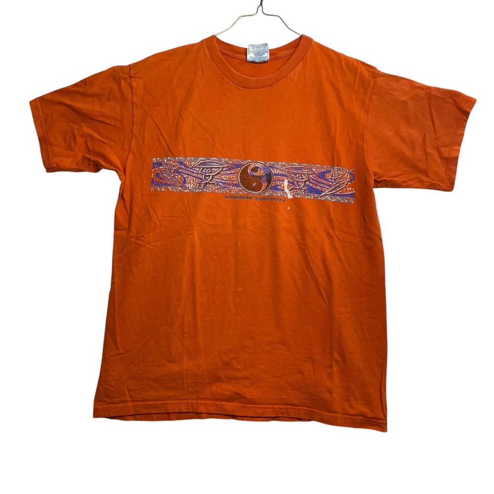 Fruit of the Loom Hawaiian Surfrider Yin Yang Graphic T-Shirt Orange Mens Large